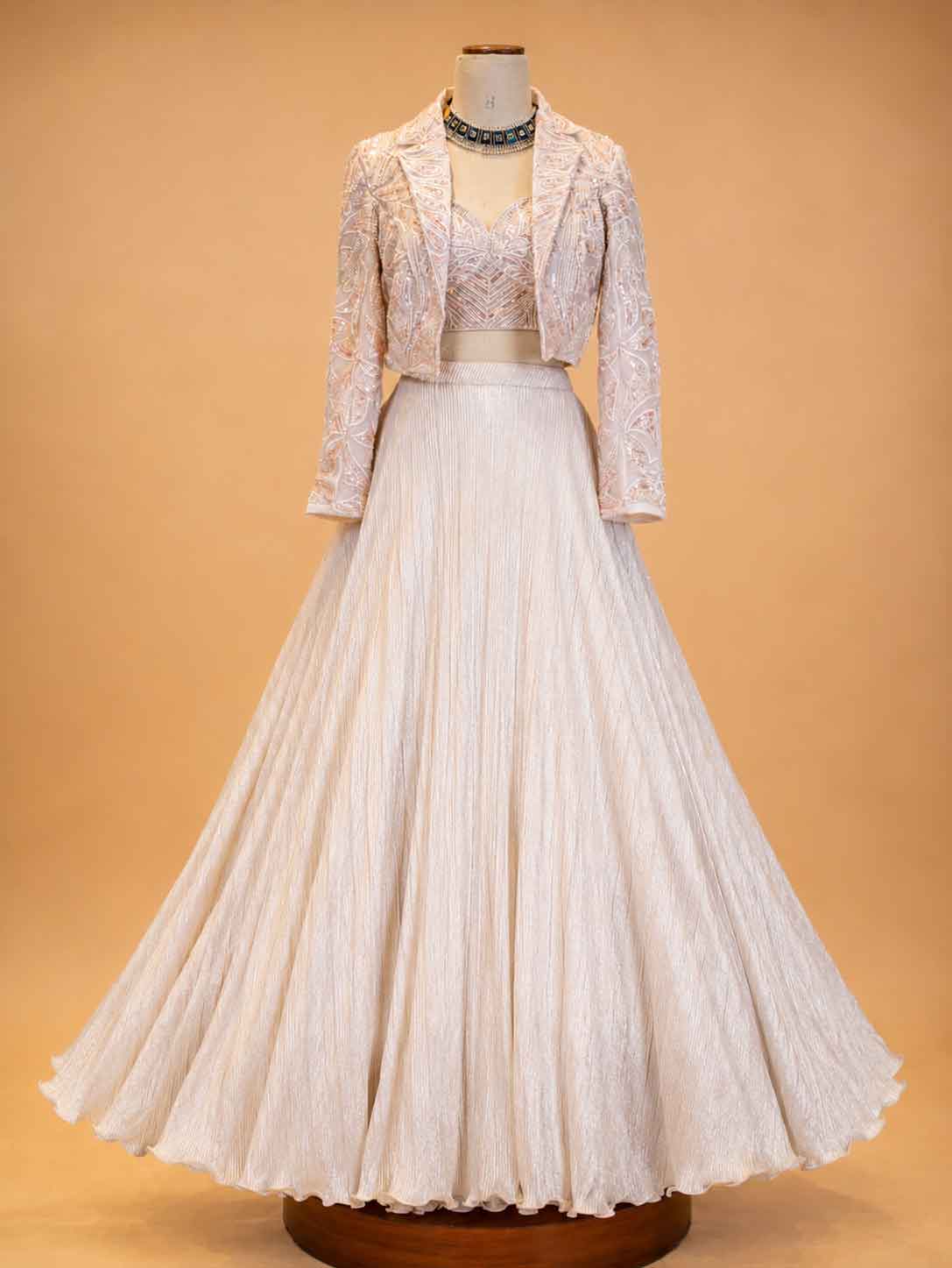 Gold Designer Lehenga Set for Women | Embellished Crop Top with Jacket