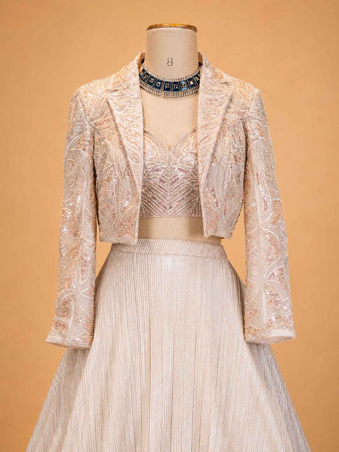 Gold Designer Lehenga Set for Women | Embellished Crop Top with Jacket
