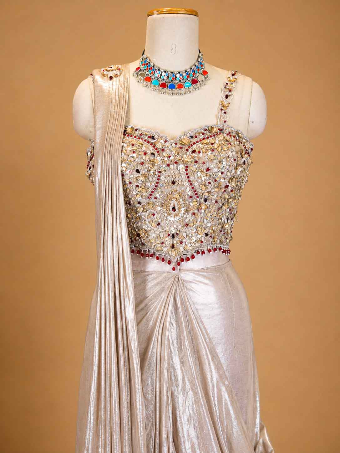 Gold Designer Draped Saree Gown for Women | Embellished Blouse with Metallic Draped Skirt