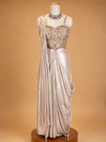 Gold Designer Draped Saree Gown for Women | Embellished Blouse with Metallic Draped Skirt