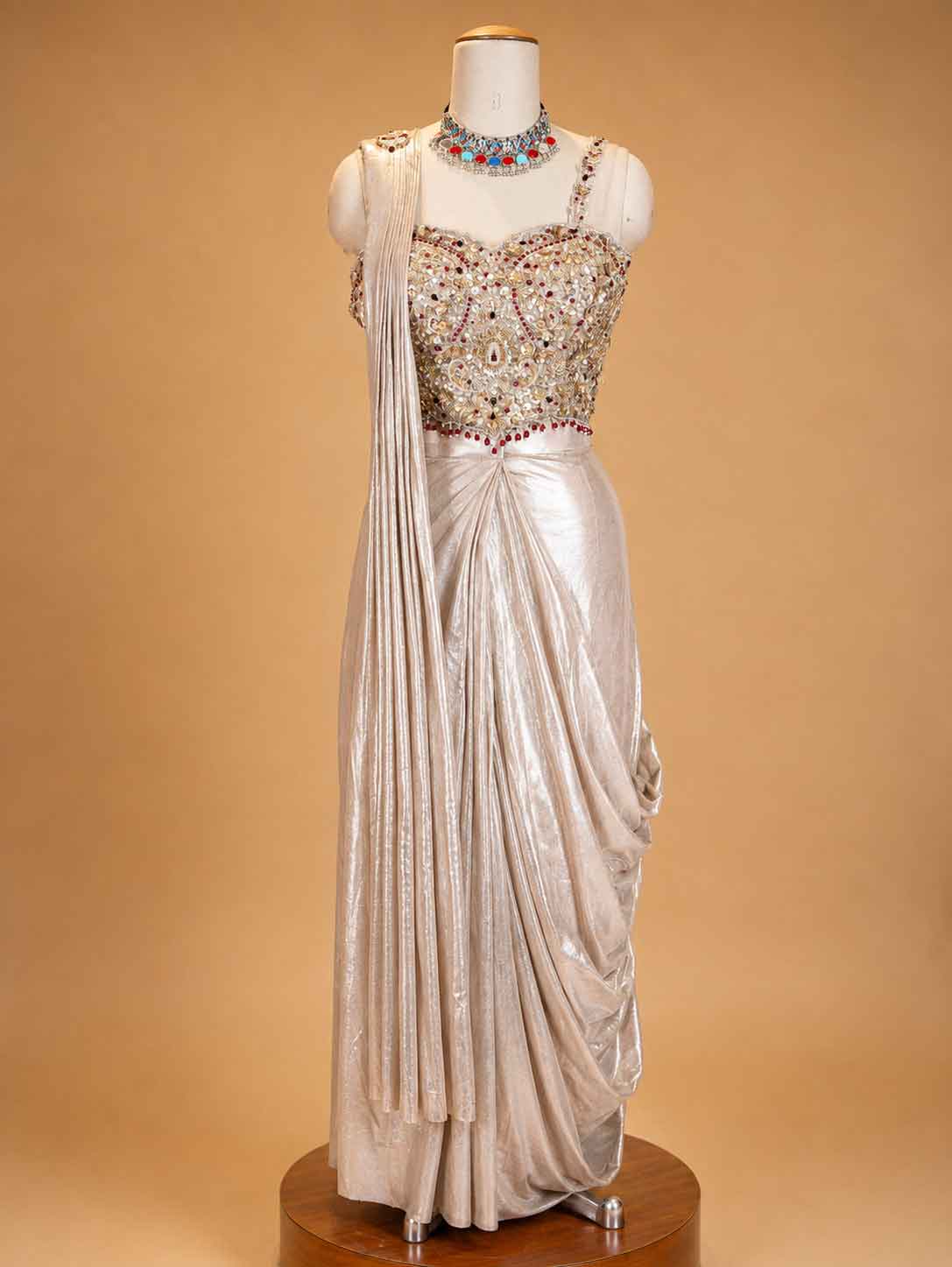 Gold Designer Draped Saree Gown for Women | Embellished Blouse with Metallic Draped Skirt