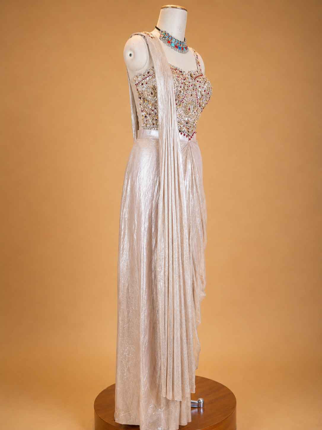 Gold Designer Draped Saree Gown for Women | Embellished Blouse with Metallic Draped Skirt
