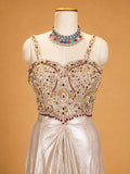 Gold Designer Draped Saree Gown for Women | Embellished Blouse with Metallic Draped Skirt