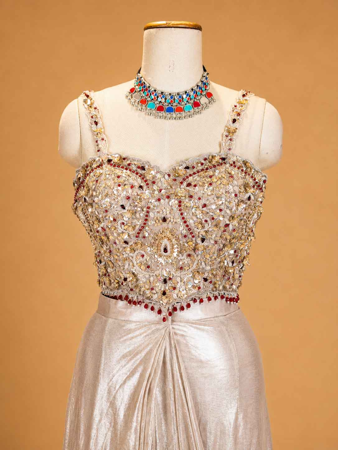 Gold Designer Draped Saree Gown for Women | Embellished Blouse with Metallic Draped Skirt