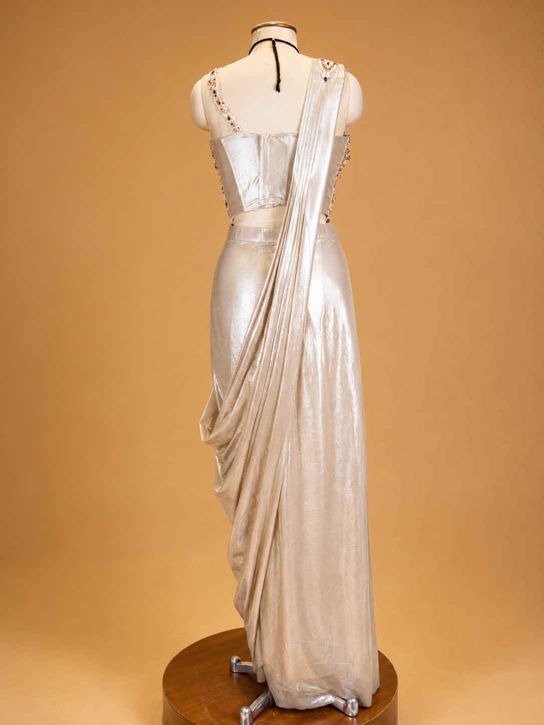 Gold Designer Draped Saree Gown for Women | Embellished Blouse with Metallic Draped Skirt