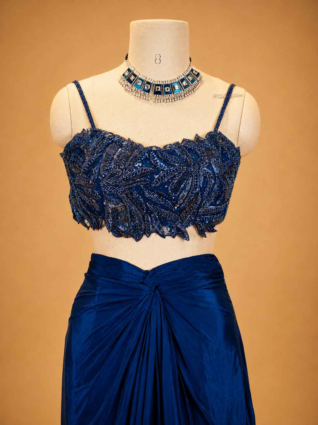 Navy Blue Designer Draped Skirt Set for Women | Embellished Crop Top & Cape