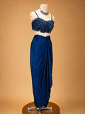 Navy Blue Designer Draped Skirt Set for Women | Embellished Crop Top & Cape