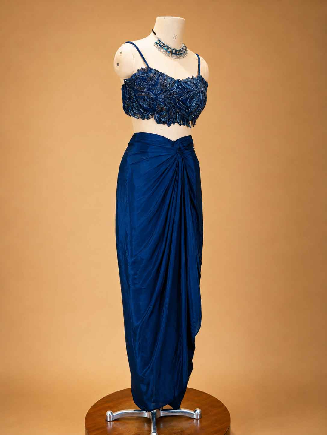 Navy Blue Designer Draped Skirt Set for Women | Embellished Crop Top & Cape