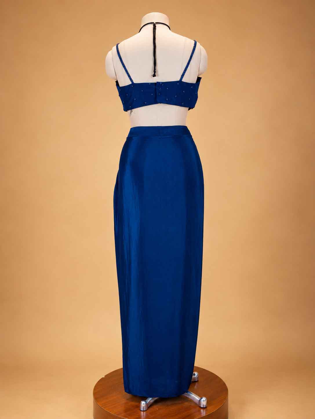 Navy Blue Designer Draped Skirt Set for Women | Embellished Crop Top & Cape