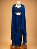 Navy Blue Designer Draped Skirt Set for Women | Embellished Crop Top & Cape
