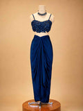 Navy Blue | Designer Draped Skirt Set with Embellished Crop Top & Cape | 6