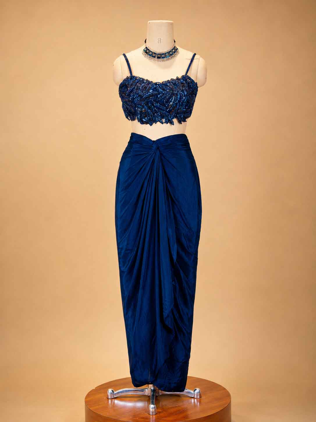 Navy Blue | Designer Draped Skirt Set with Embellished Crop Top & Cape | 6