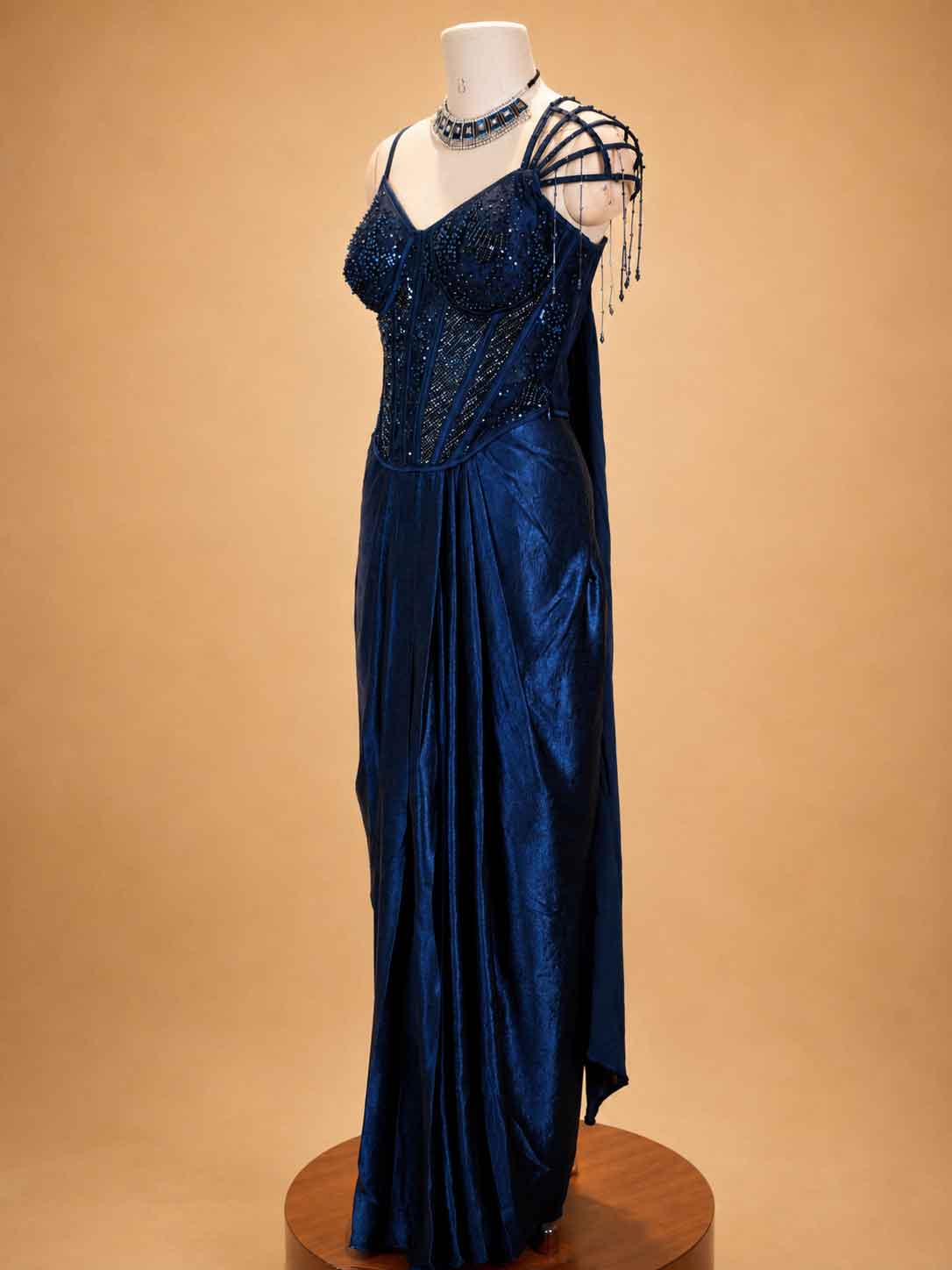 Navy Blue Embellished Gown for Women | Designer Party & Evening Wear