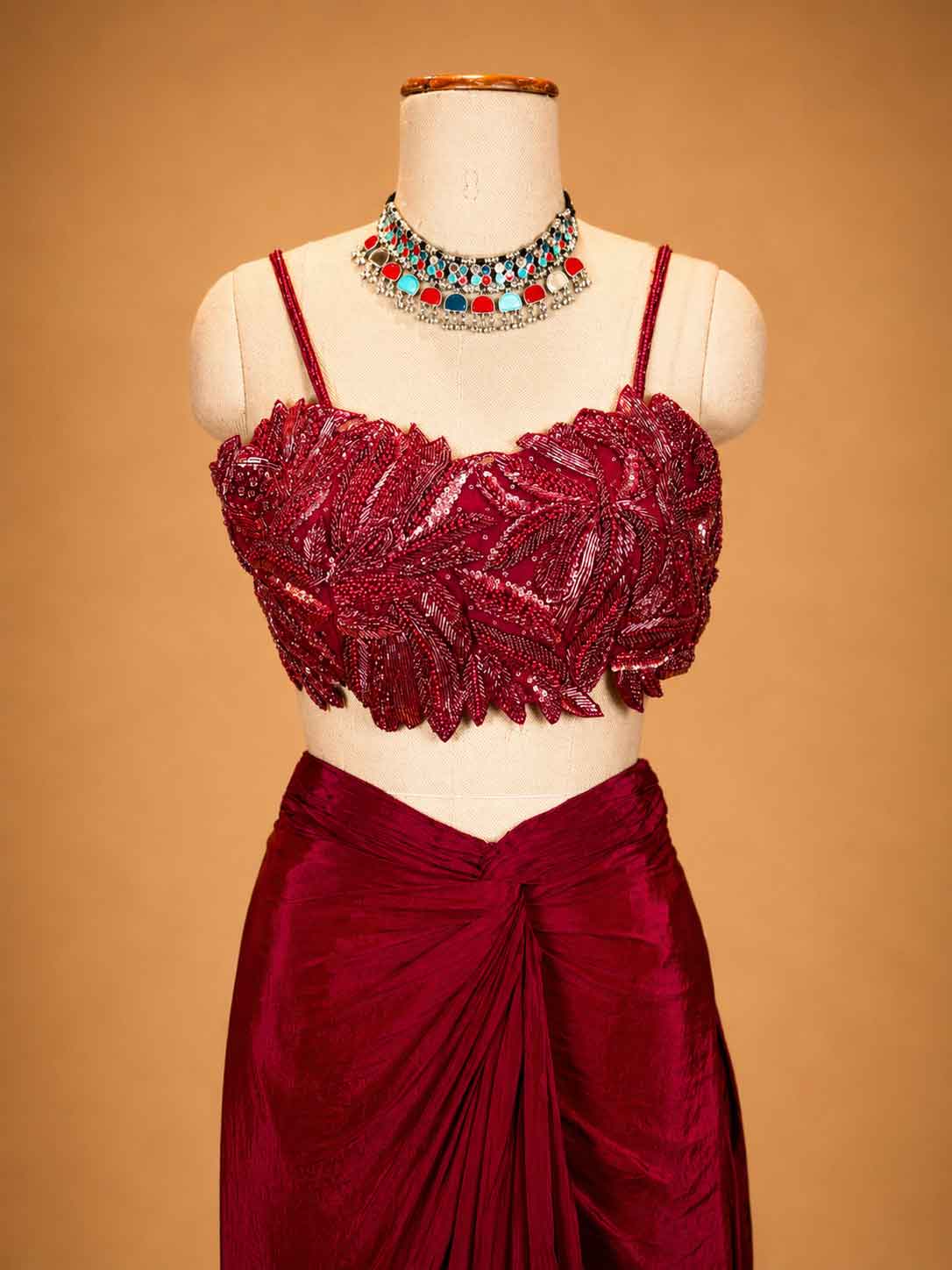 Maroon Designer Draped Skirt Set for Women | Embellished Crop Top & Cape