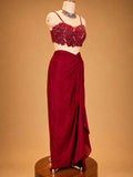 Maroon Designer Draped Skirt Set for Women | Embellished Crop Top & Cape