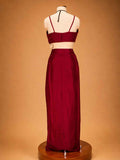 Maroon Designer Draped Skirt Set for Women | Embellished Crop Top & Cape