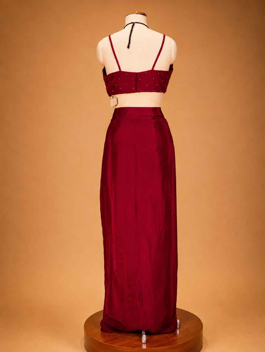 Maroon Designer Draped Skirt Set for Women | Embellished Crop Top & Cape