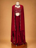 Maroon Designer Draped Skirt Set for Women | Embellished Crop Top & Cape