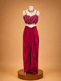 Maroon Designer Draped Skirt Set for Women | Embellished Crop Top & Cape