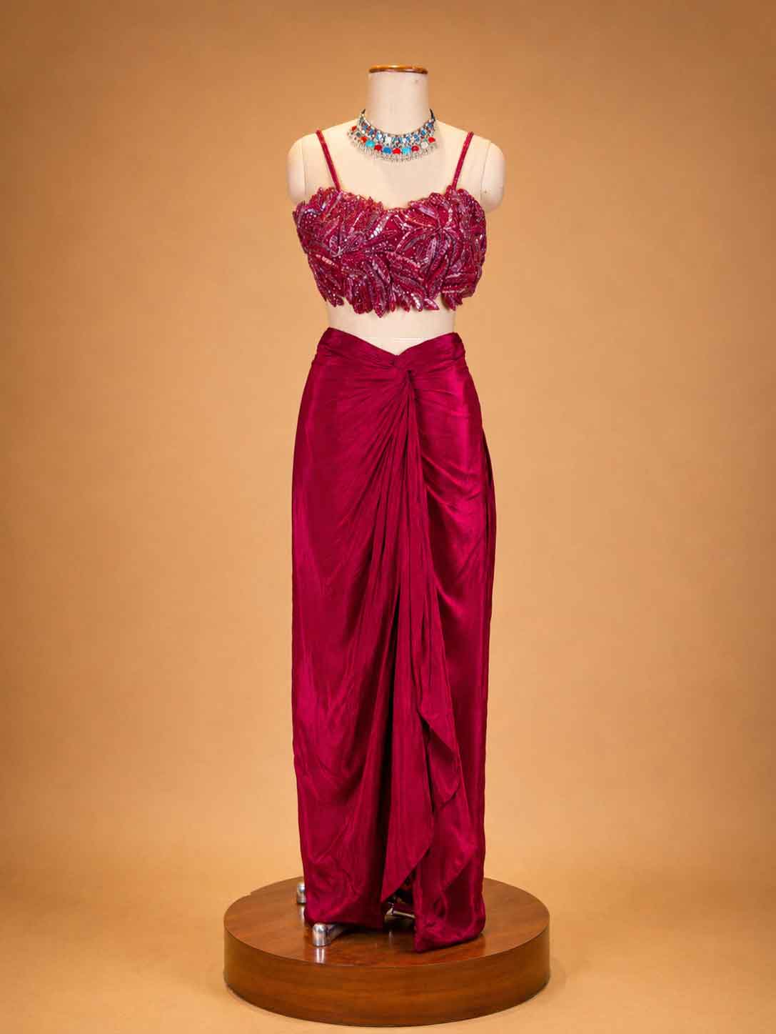 Maroon Designer Draped Skirt Set for Women | Embellished Crop Top & Cape