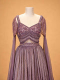 Onion colour embellished designer lehenga set for women with flared skirt and sheer detailing