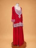 Red embroidered sharara set for women with white detailing and sheer dupatta