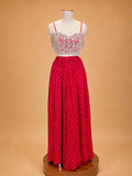 Red embroidered sharara set for women with white detailing and sheer dupatta