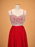 Red embroidered sharara set for women with white detailing and sheer dupatta