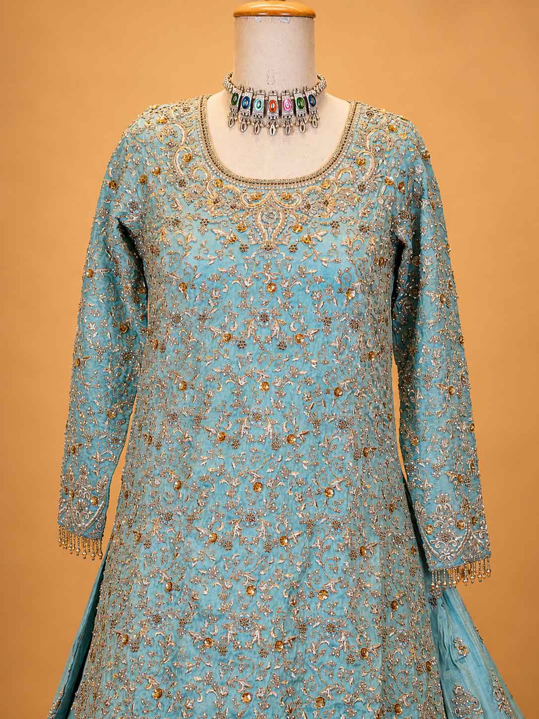 Sky Blue Embroidered Sharara Suit Set for Women | Designer Festive Wear