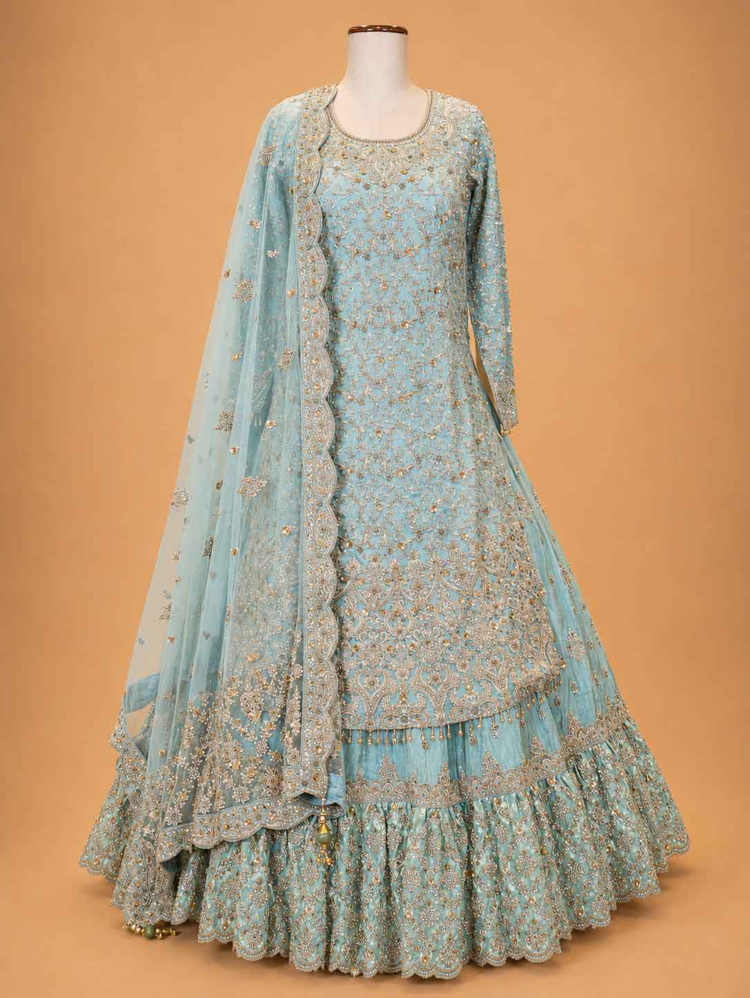 Sky Blue Embroidered Sharara Suit Set for Women | Designer Festive Wear