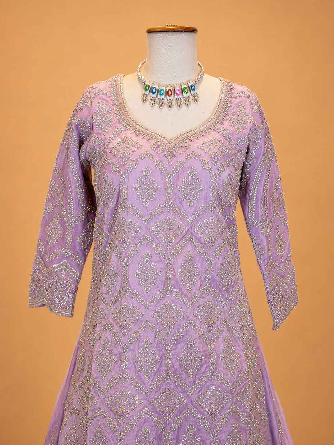 Onion colour embroidered Anarkali suit set for women with matching dupatta and flared silhouette