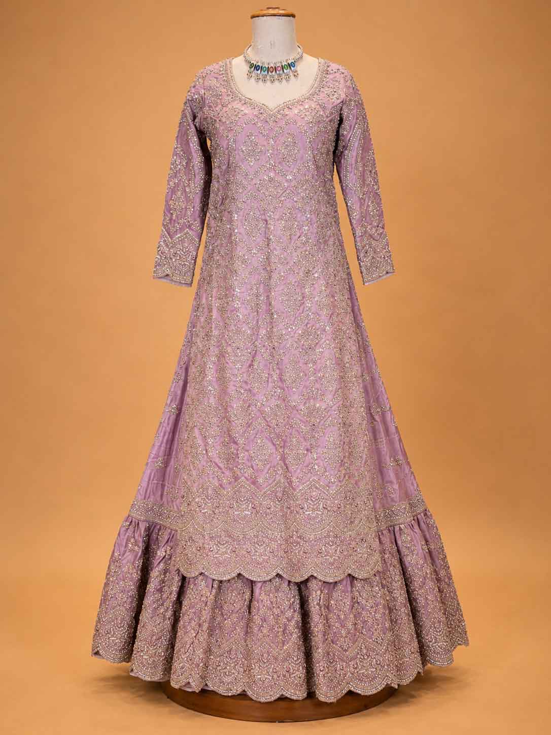 Onion colour embroidered Anarkali suit set for women with matching dupatta and flared silhouette