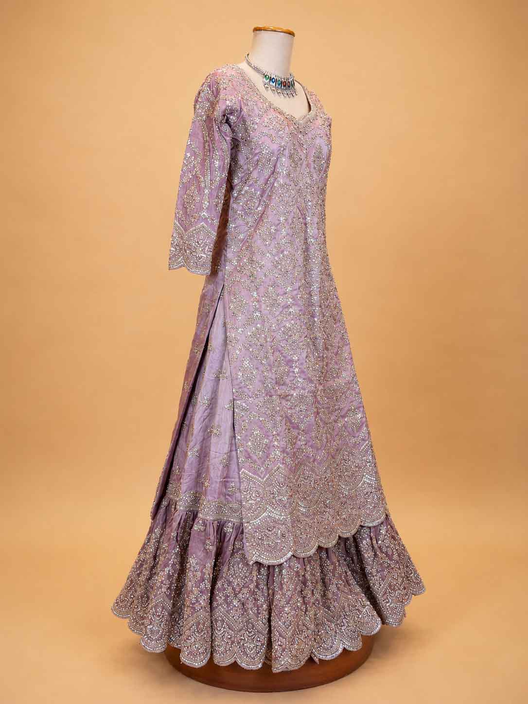 Onion colour embroidered Anarkali suit set for women with matching dupatta and flared silhouette