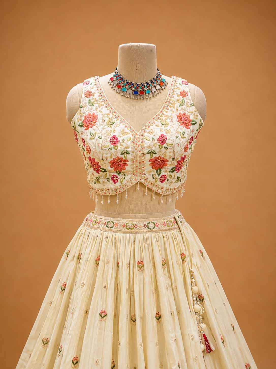 Cream Designer Lehenga Choli for Women | Floral Embroidered Wedding Lehenga