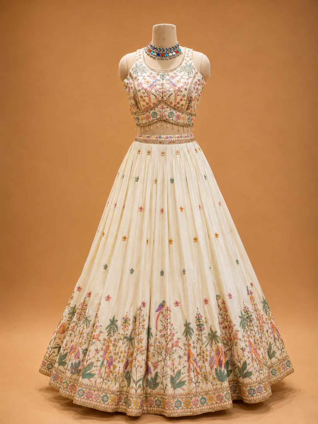 Cream Designer Lehenga Choli for Women | Floral Embroidered Wedding Lehenga