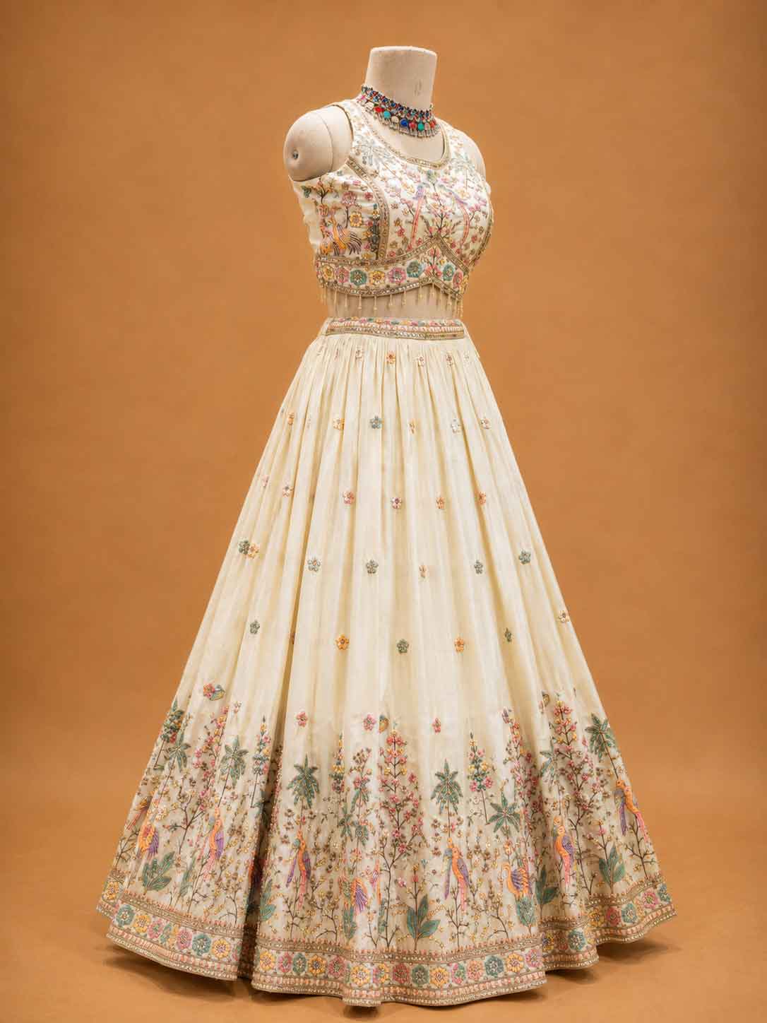 Cream Designer Lehenga Choli for Women | Floral Embroidered Wedding Lehenga
