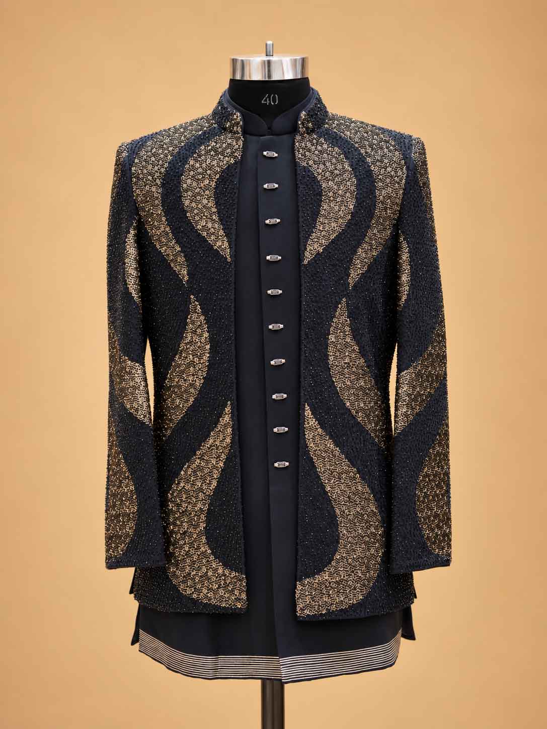 Midnight Navy & Gold Embellished Indo-Western Sherwani Set for Men