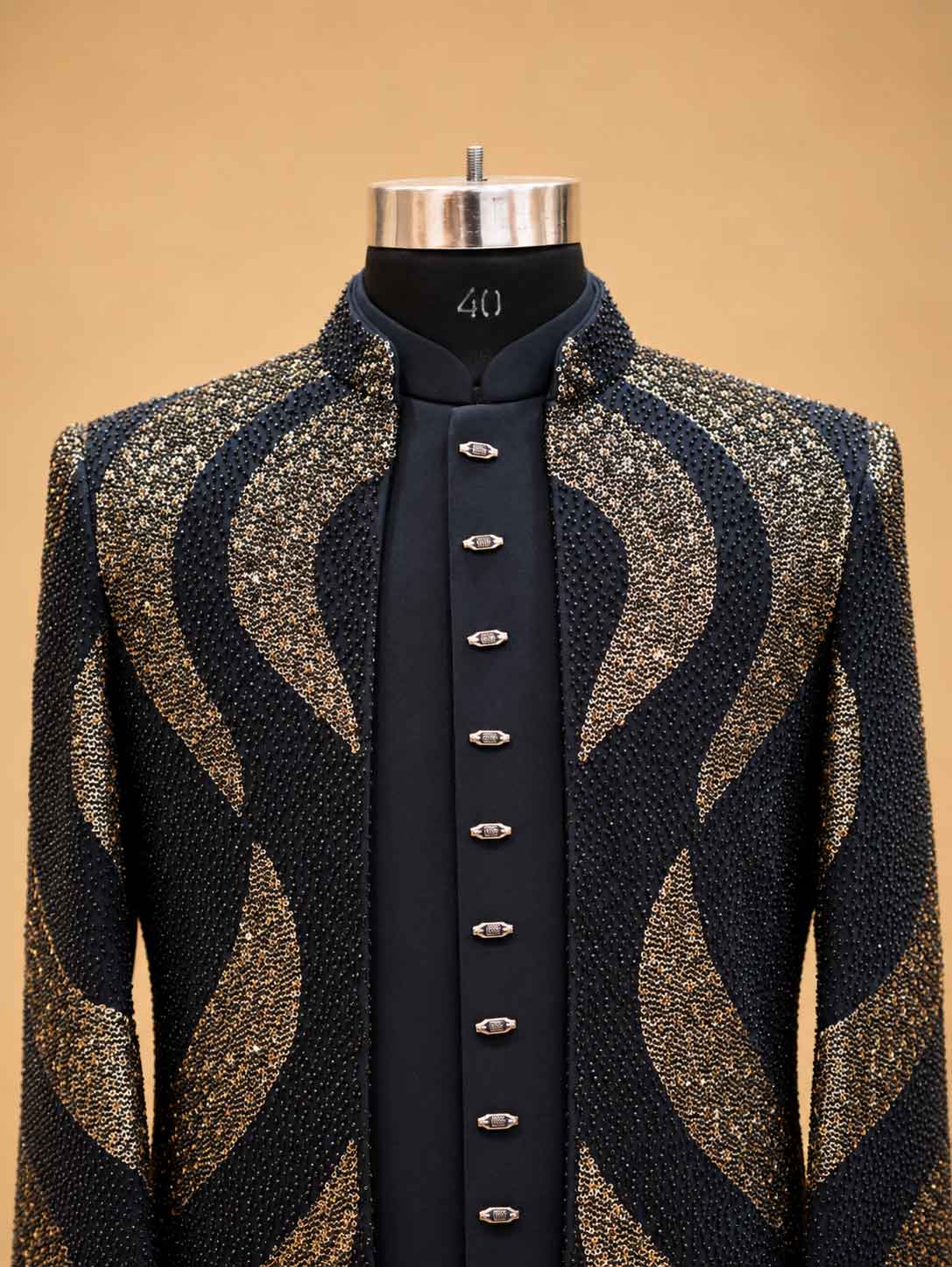 Midnight Navy & Gold Embellished Indo-Western Sherwani Set for Men