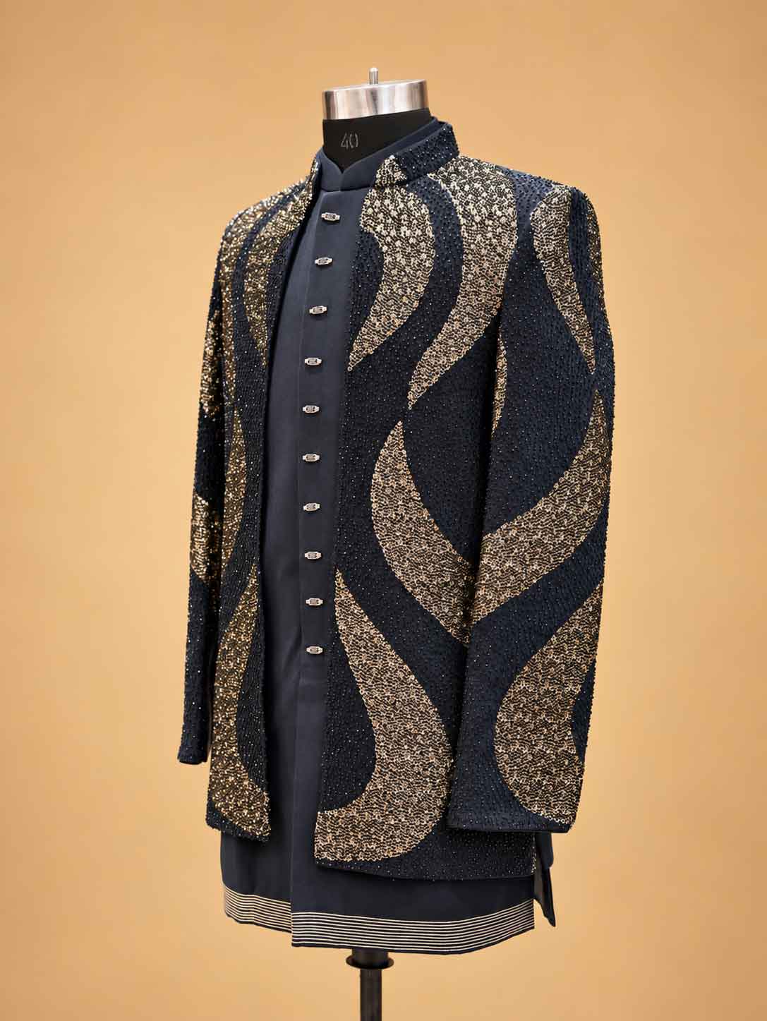Midnight Navy & Gold Embellished Indo-Western Sherwani Set for Men