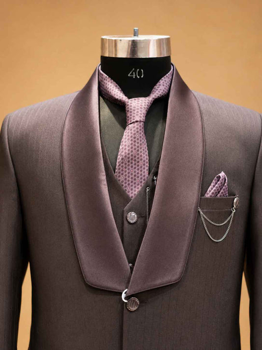 Detail view 2 of Wine 3-Piece Suit for Men with Waistcoat, Tie & Pocket Square by Guptas Textiles Annexe, Bengaluru
