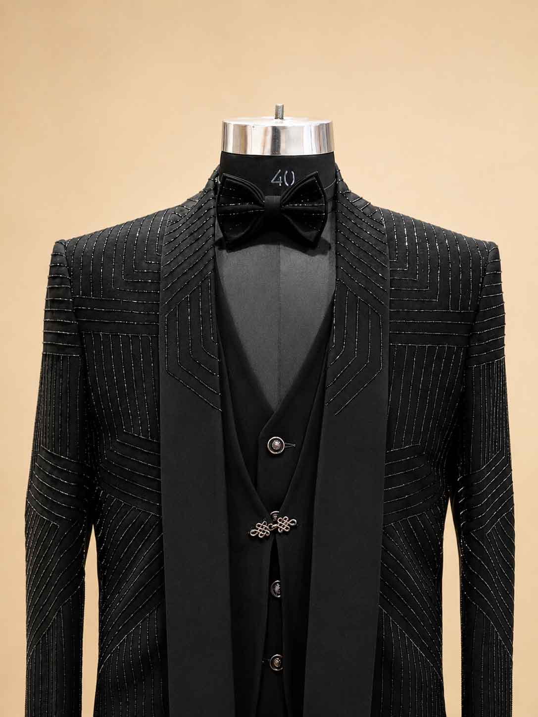 Black Embellished Tuxedo Suit for Men with Bow Tie & Waistcoat | Premium Formal Wear