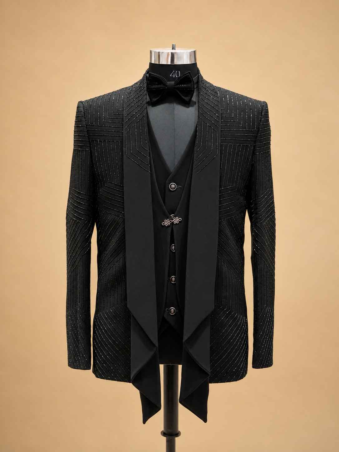 Black Embellished Tuxedo Suit for Men with Bow Tie & Waistcoat | Premium Formal Wear