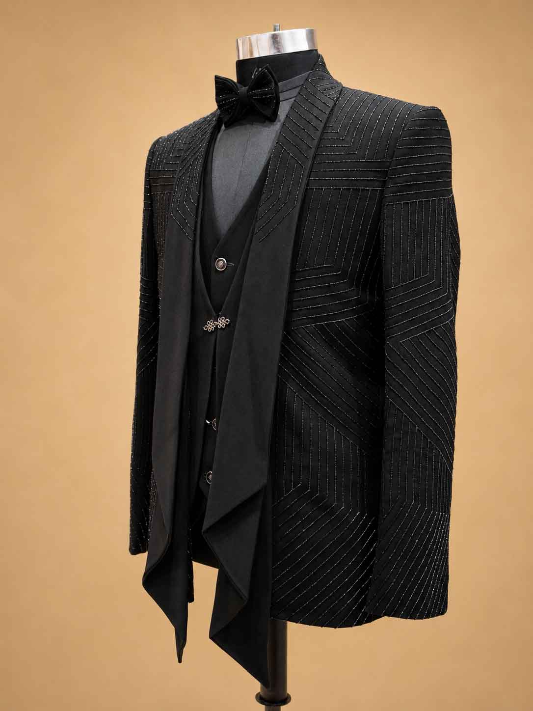 Black Embellished Tuxedo Suit for Men with Bow Tie & Waistcoat | Premium Formal Wear