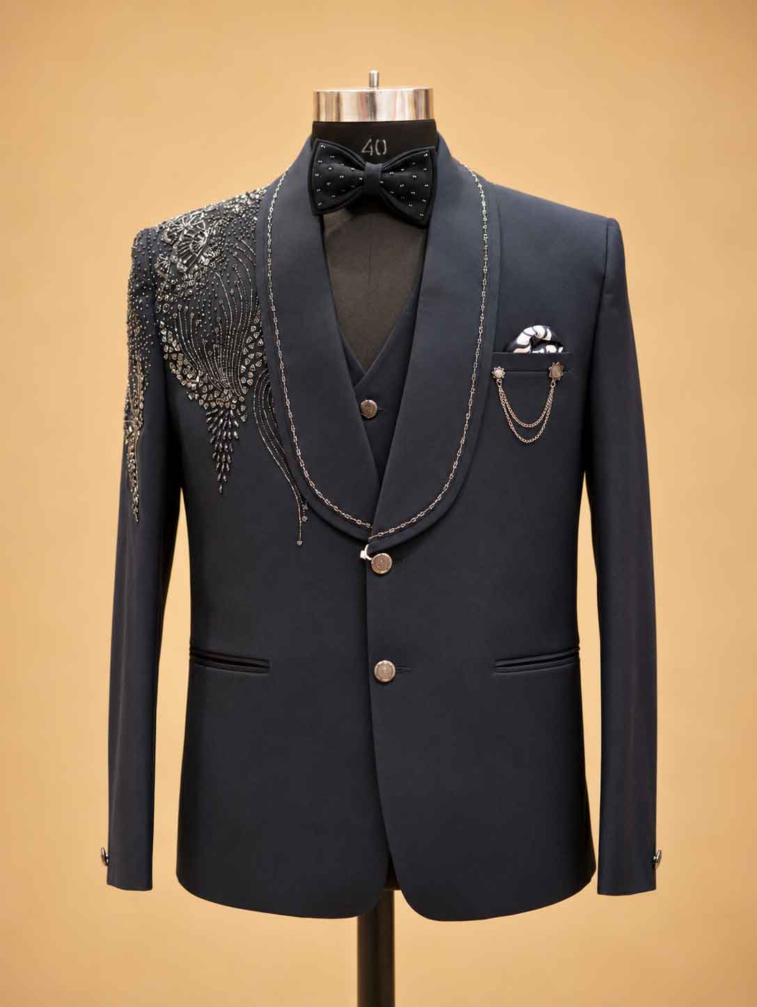 Midnight Navy 3-Piece Suit for Men with Embellished Blazer, Waistcoat & Bow Tie