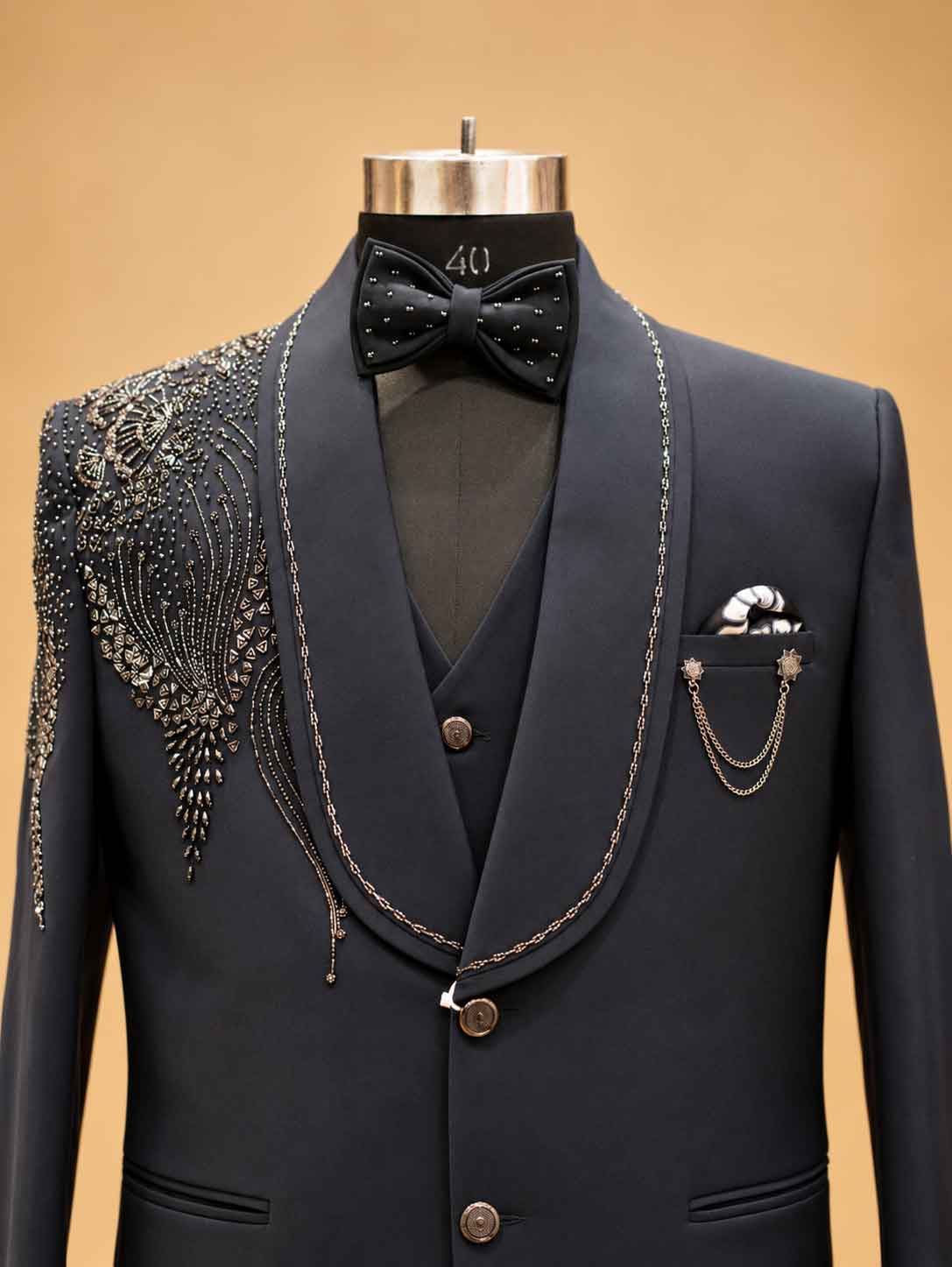 Midnight Navy 3-Piece Suit for Men with Embellished Blazer, Waistcoat & Bow Tie
