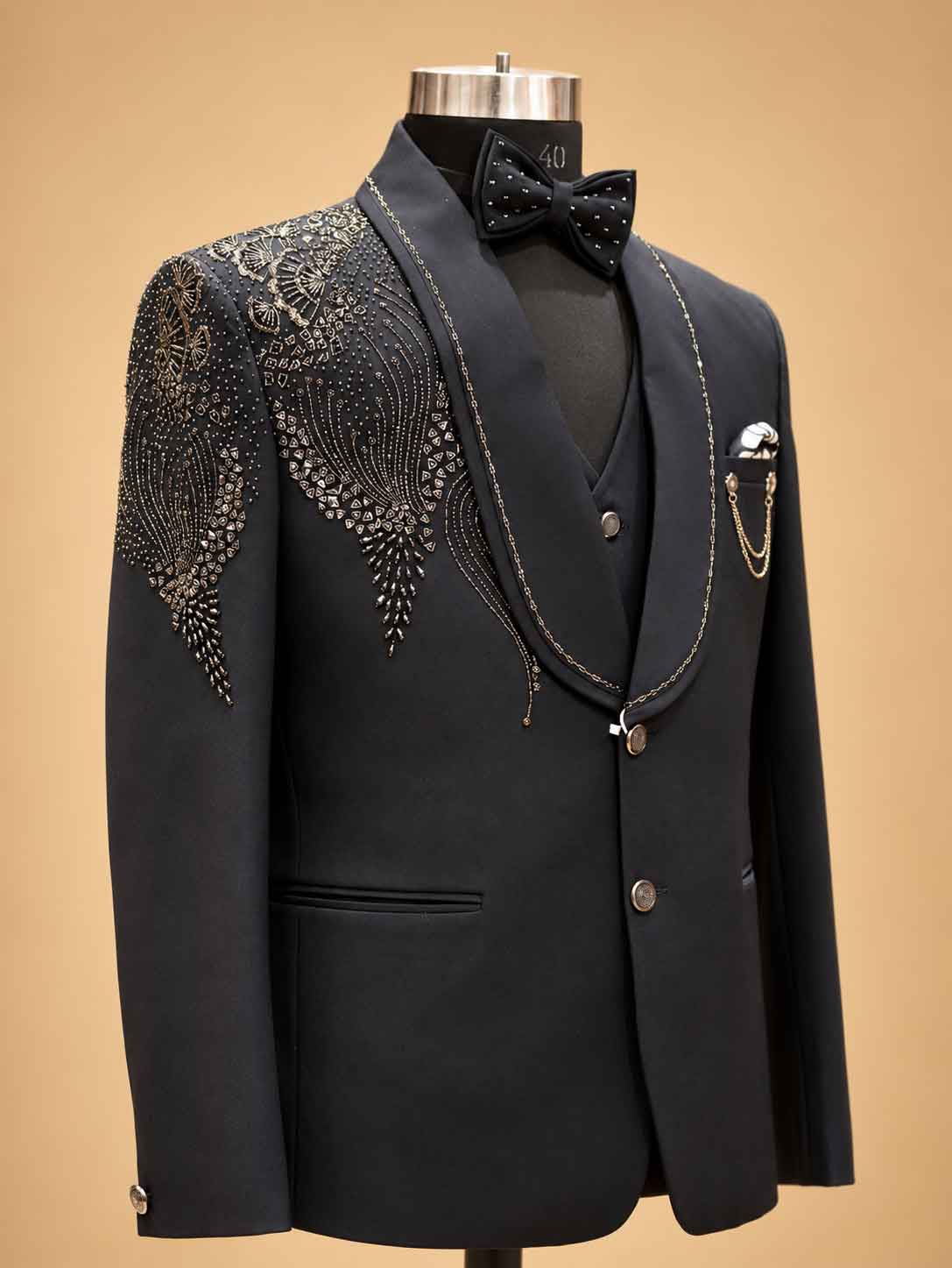 Midnight Navy 3-Piece Suit for Men with Embellished Blazer, Waistcoat & Bow Tie