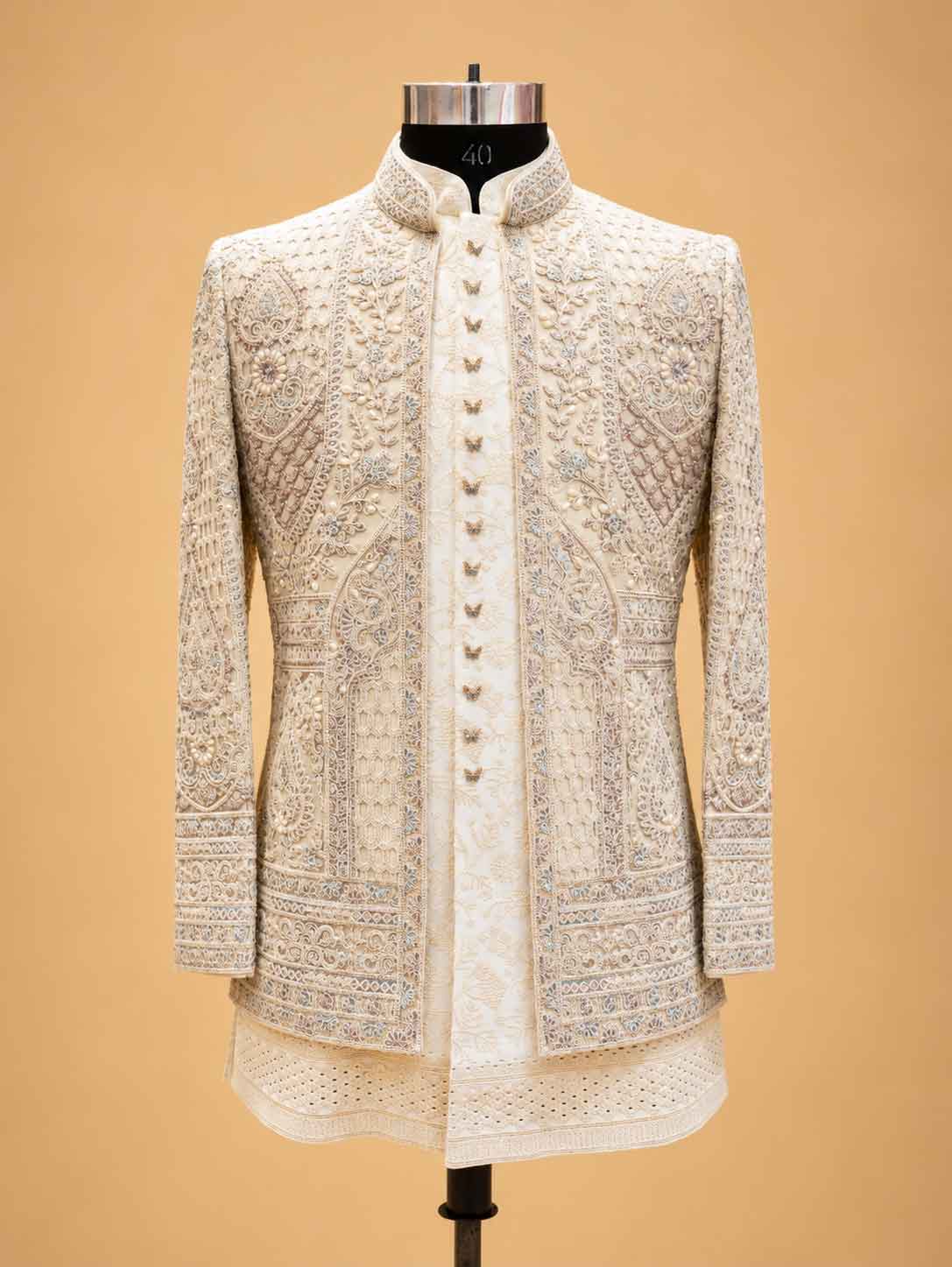 Ivory White Designer Embroidered Sherwani for Men | Luxury Groom Wedding Wear