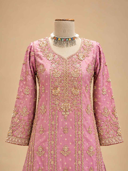 Detail view 2 of Lavender & Gold Embroidered Anarkali Suit Set with Flared Lehenga & Dupatta by ASMA
