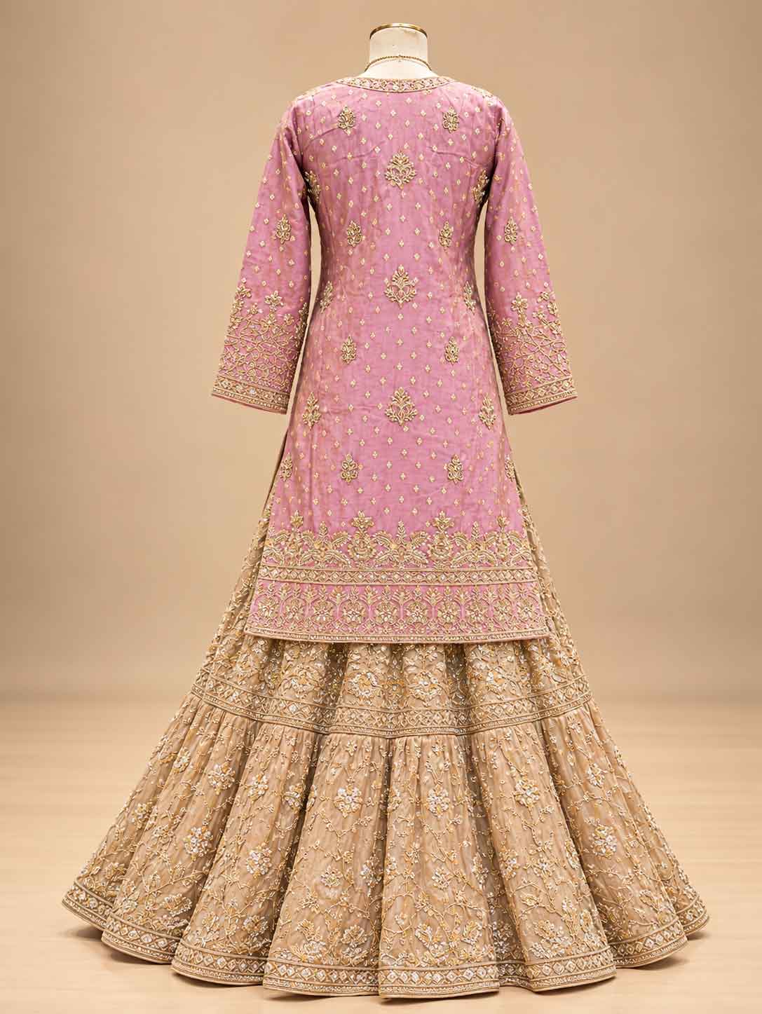 Lavender & Gold Embroidered Anarkali Suit Set with Flared Lehenga & Dupatta | Designer Festive Wear
