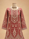 Dusty Rose Embellished Anarkali Suit Set with Printed Flared Bottom & Dupatta | Festive Ethnic Wear